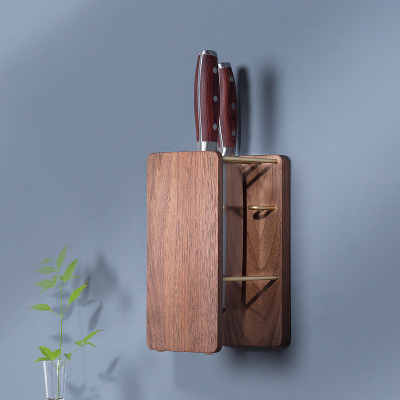 Kitchen Knife Rack Wall-Mounted Vertical Dual-Purpose Kitchen Knife Storage Rack Scissors Rack Free Perforated Black Walnut Multi-Function Kitchen DealSniper.net Photo Color