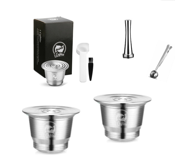 Stainless Steel Reusable Nespresso Refillable Coffee Capsule Pod Filter Kitchen DealSniper.net 3Cup 1Tamper 1Spoon