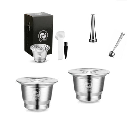 Stainless Steel Reusable Nespresso Refillable Coffee Capsule Pod Filter Kitchen DealSniper.net 3Cup 1Tamper 1Spoon