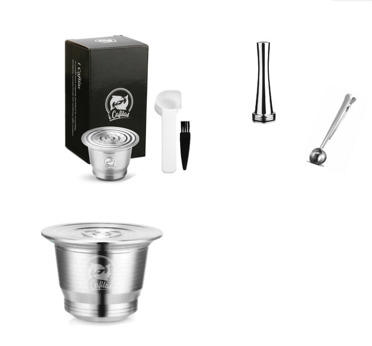 Stainless Steel Reusable Nespresso Refillable Coffee Capsule Pod Filter Kitchen DealSniper.net 2Cup 1Tamper 1Spoon