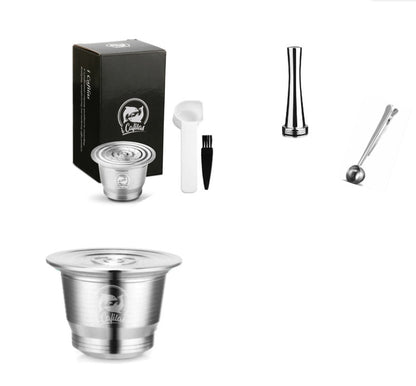 Stainless Steel Reusable Nespresso Refillable Coffee Capsule Pod Filter Kitchen DealSniper.net 2Cup 1Tamper 1Spoon