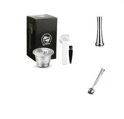 Stainless Steel Reusable Nespresso Refillable Coffee Capsule Pod Filter Kitchen DealSniper.net 1Cup 1Tamper 1Spoon