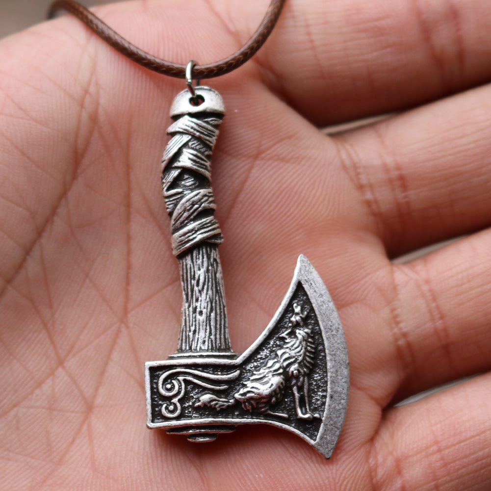 Double Axe Pendant Men's Necklace Jewelry dealsniper-net Silver Brown wax rope