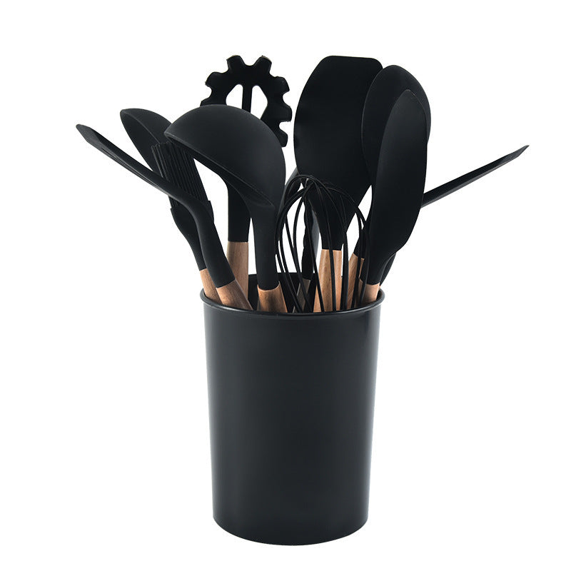 Wooden Handle Silicone Kitchenware 12-Piece Non-Stick Spatula Home dealsniper-net Black