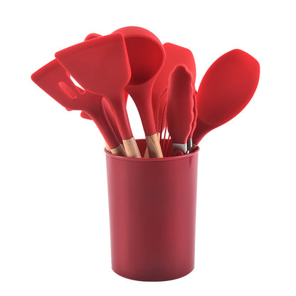 Wooden Handle Silicone Kitchenware 12-Piece Non-Stick Spatula Home dealsniper-net Red