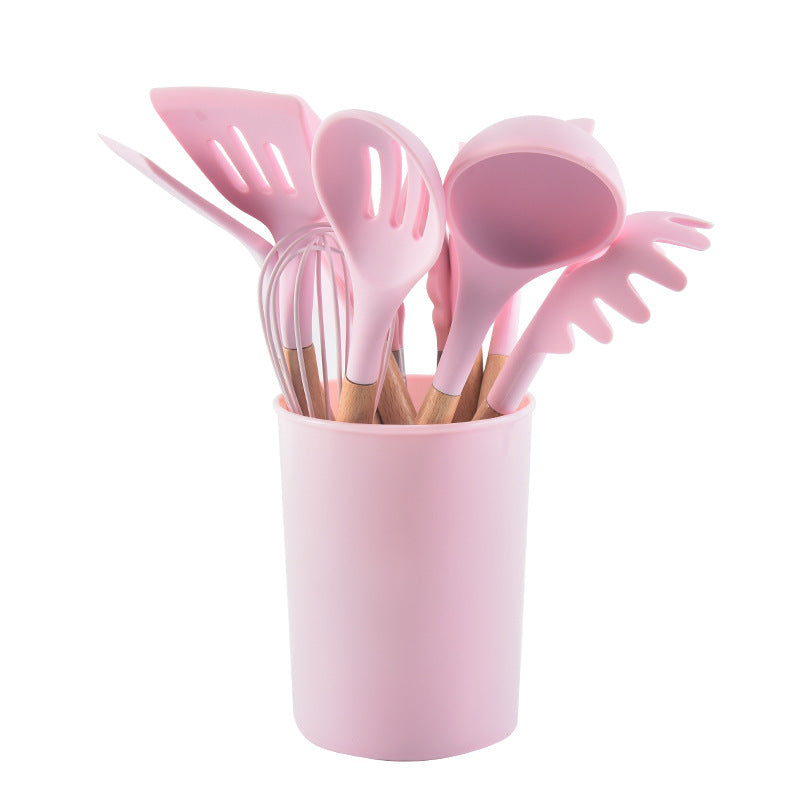 Wooden Handle Silicone Kitchenware 12-Piece Non-Stick Spatula Home dealsniper-net Pink