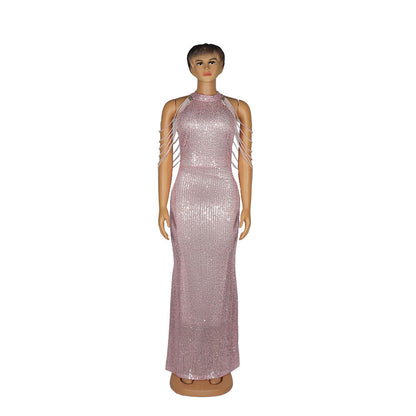 African Ladies' Quality High Stretch Sequin Mermaid Dress Women DealSniper.net Pink L