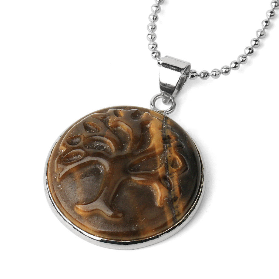 Tree of Life Carved Natural Stone Pendant Necklace Round Bead Jewelry dealsniper-net Section C 21cmto50cm