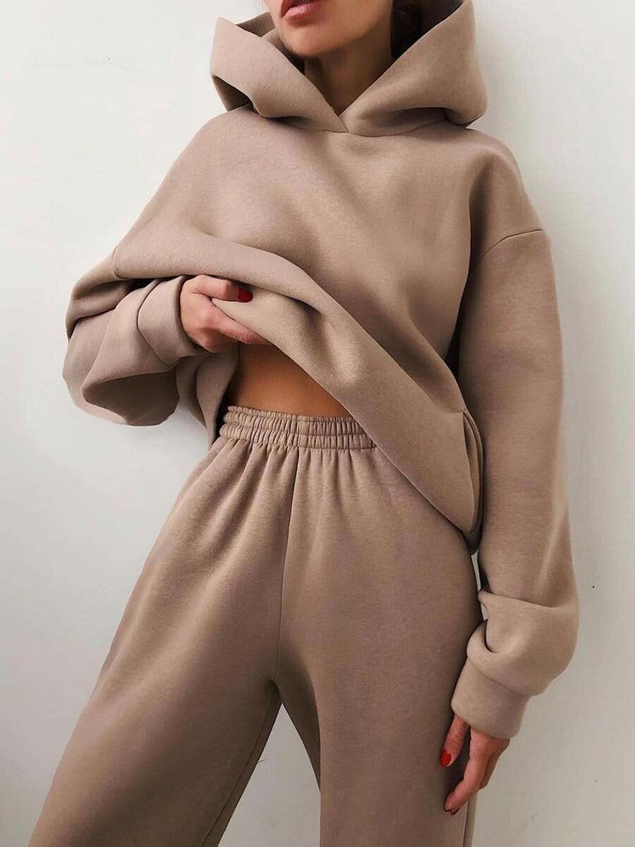 Women's Casual Hooded Sweater Two-piece Suit Clothes Hoodie Tracksuit Women DealSniper.net Khaki 3XL