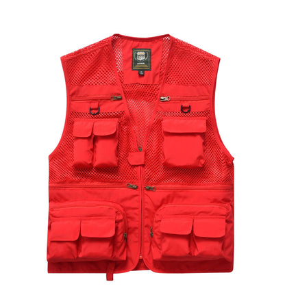 Summer Men's Outdoor Fishing Mesh Vest Jackets Travel Photography Waistcoats Man Jungle Tactical Quick Dry Multi Pockets Jacket Men dealsniper-net Red 2XL