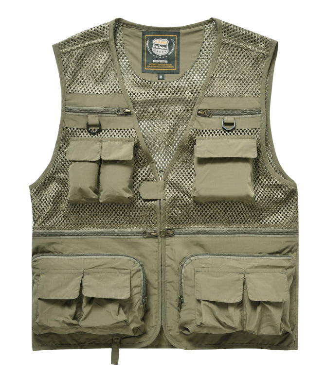 Summer Men's Outdoor Fishing Mesh Vest Jackets Travel Photography Waistcoats Man Jungle Tactical Quick Dry Multi Pockets Jacket Men dealsniper-net Khaki 2XL