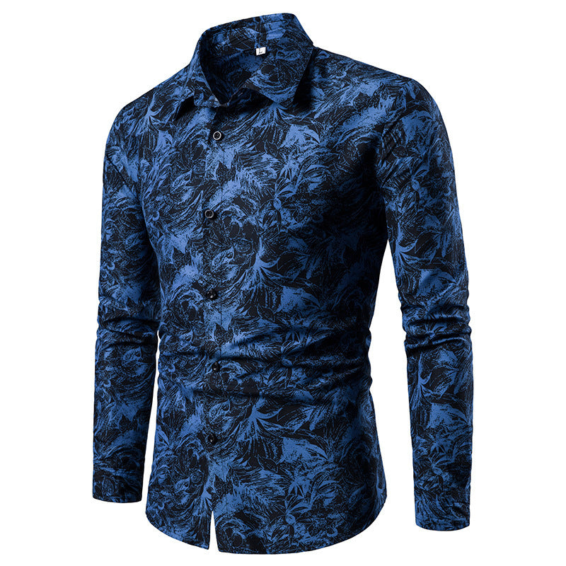Autumn and Winter Mens Shirt Printed Casual Long Sleeved Shirt Slim Fit Male Social Dress Shirt For Men Men DealSniper.net Blue 2XL