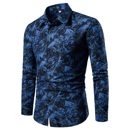 Autumn and Winter Mens Shirt Printed Casual Long Sleeved Shirt Slim Fit Male Social Dress Shirt For Men Men DealSniper.net Blue 2XL