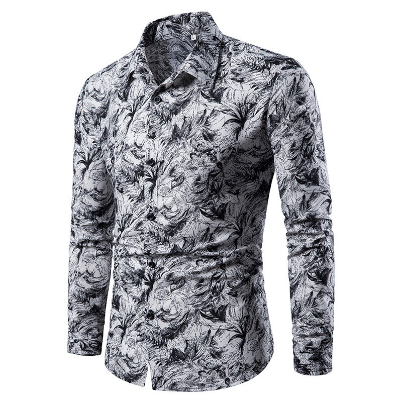 Autumn and Winter Mens Shirt Printed Casual Long Sleeved Shirt Slim Fit Male Social Dress Shirt For Men Men DealSniper.net White 2XL