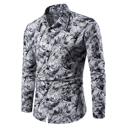 Autumn and Winter Mens Shirt Printed Casual Long Sleeved Shirt Slim Fit Male Social Dress Shirt For Men Men DealSniper.net White 2XL