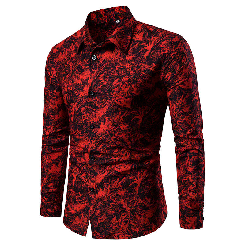 Autumn and Winter Mens Shirt Printed Casual Long Sleeved Shirt Slim Fit Male Social Dress Shirt For Men Men DealSniper.net Red 2XL