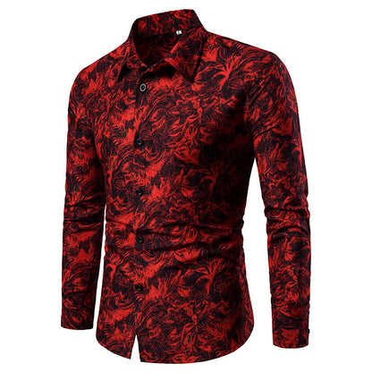 Autumn and Winter Mens Shirt Printed Casual Long Sleeved Shirt Slim Fit Male Social Dress Shirt For Men Men DealSniper.net Red 2XL