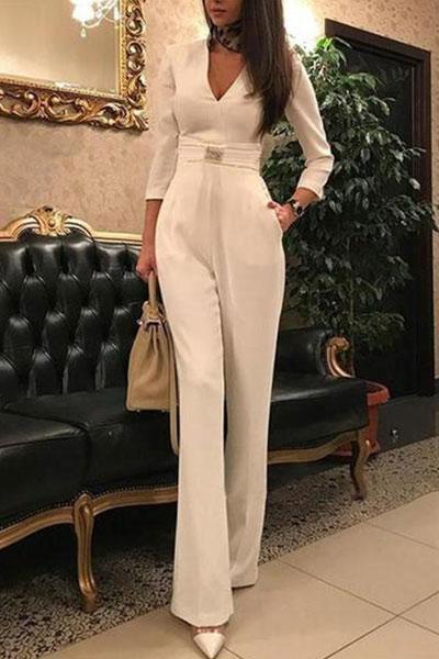 European And American New Women'S Wear Jumpsuit Ebay Quick Sell Sexy Deep V7 Split Sleeve Jumpsuit Women dealsniper-net White L