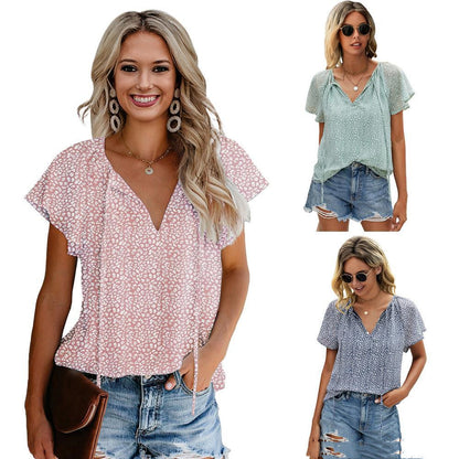 Printed Lotus Leaf Sleeves V Neck Floral Blouse With Short Sleeves Women dealsniper-net