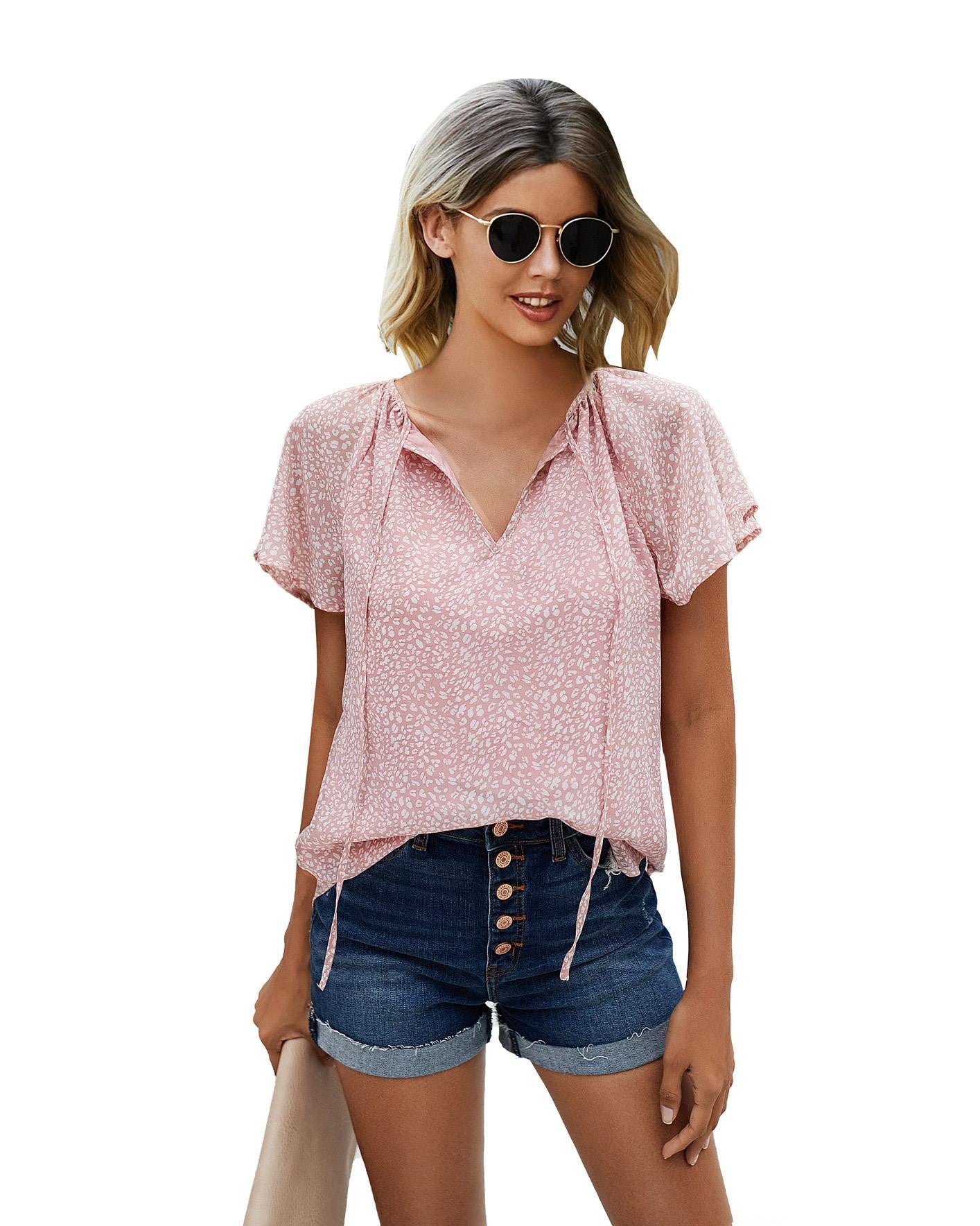 Printed Lotus Leaf Sleeves V Neck Floral Blouse With Short Sleeves Women dealsniper-net Pink L