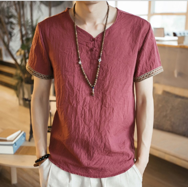 Embroidery buckle short sleeves Thin section linen casual large size short sleeve men's cotton and linen T-shirt Men dealsniper-net Claret 2XL