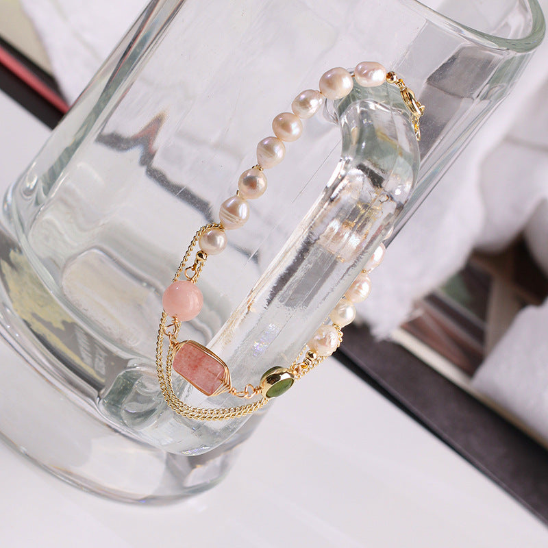 Women's Natural Freshwater Pearl Strawberry Crystal Bracelet Deals dealsniper-net