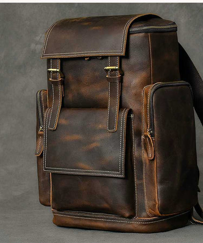 Retro Crazy Horse Leather Mens Backpack male computer