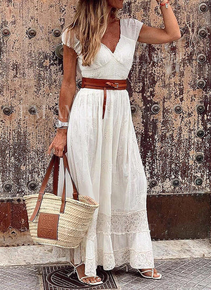 Women's Long Lace Stitching Elegant Dress Long Skirt Women dealsniper-net White 2XL