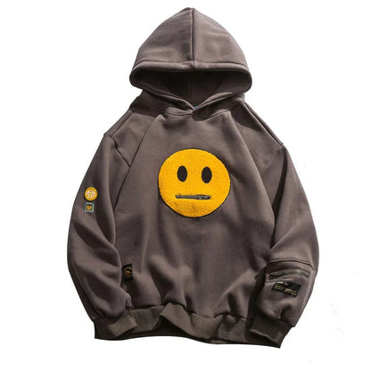 Zipper Pocket Smile Face Patchwork Fleece Hoodie Sweatshirt Streetwear Men's Hip-Hop Casual Hooded Top