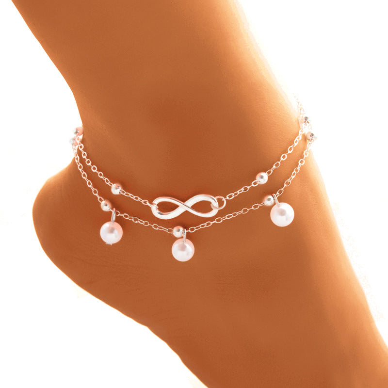 Women's Alloy Anklet With 8-shaped Double-layer Pearls Jewelry dealsniper-net Silver