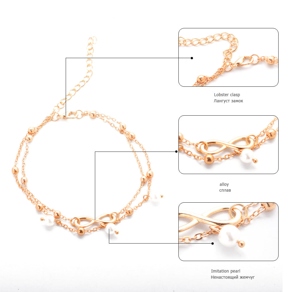 Women's Alloy Anklet With 8-shaped Double-layer Pearls Jewelry dealsniper-net