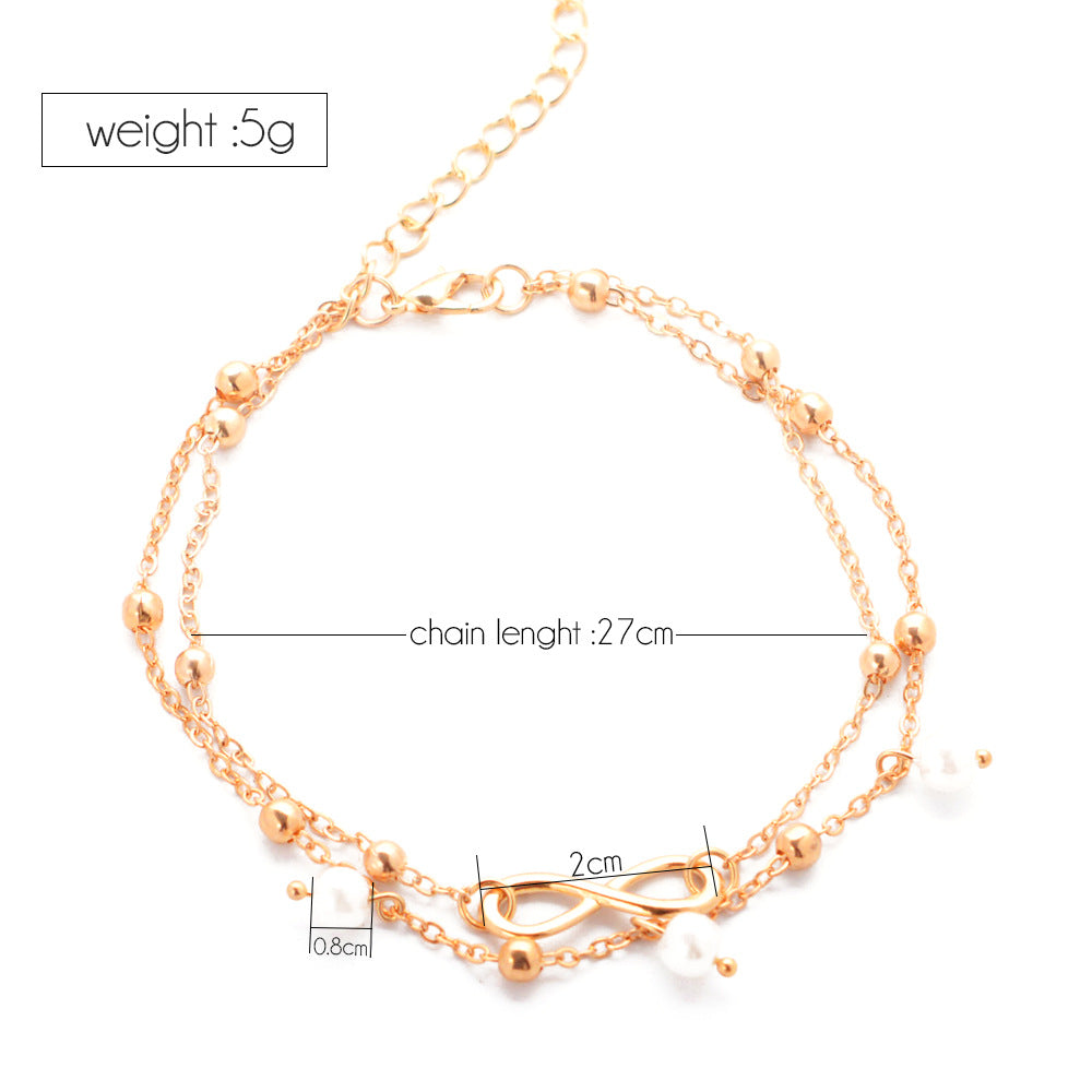 Women's Alloy Anklet With 8-shaped Double-layer Pearls Jewelry dealsniper-net