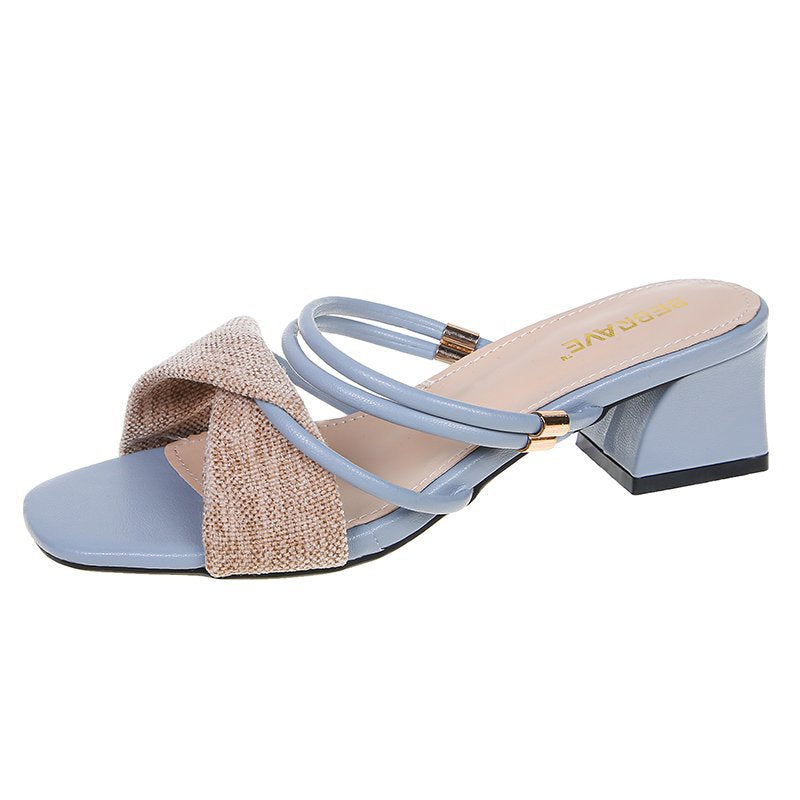 Square Toe Thick Heel Two Wear Fashion Sandals Women Women dealsniper-net Light blue 35