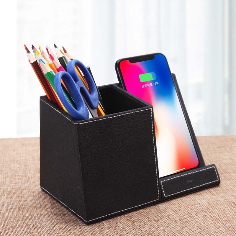 Leather Pen Holder Wireless Charger Wireless Phone Charger Electronics DealSniper.net Black