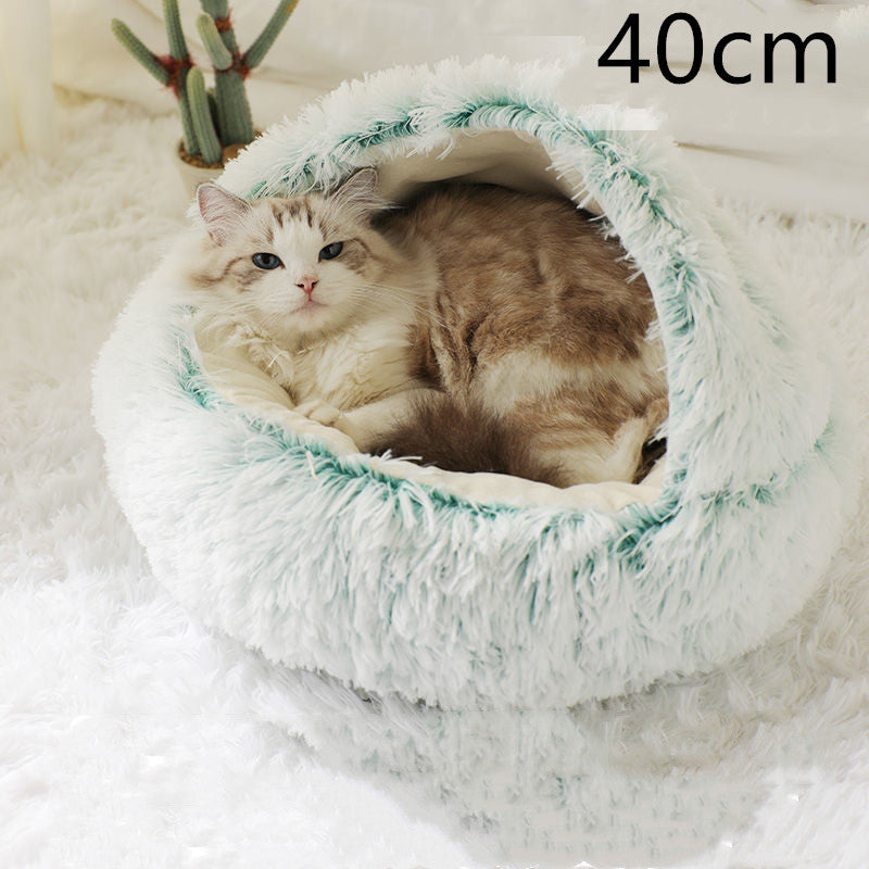 Pet Bed Round Plush Warm Bed House Soft Long Plush Bed 2 In 1 Bed Pets dealsniper-net Olive green 40cm