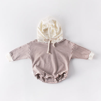 Ins Autumn Baby Striped Baby Clothes Hooded One-piece Hatching Climbing Suit Thickened Kids DealSniper.net