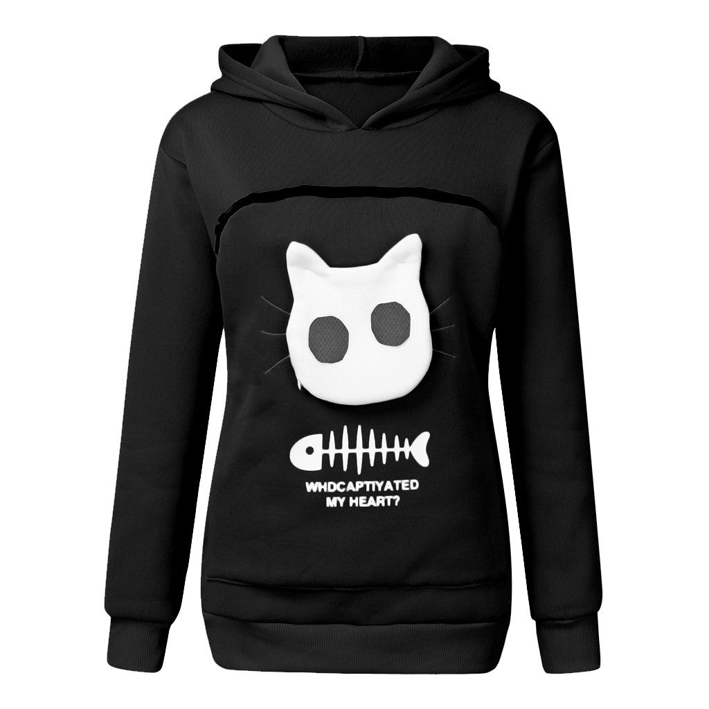 Women Hoodie Sweatshirt With Cat Pet Pocket Design Women dealsniper-net Black L