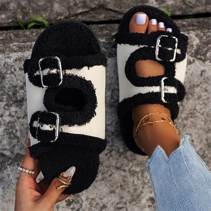 Autumn Winter Slipper Thick Sole Buckle Lamb Swool Slippers For Women Outdoor Gardern Indoor Lazy Plush Shoes Women dealsniper-net