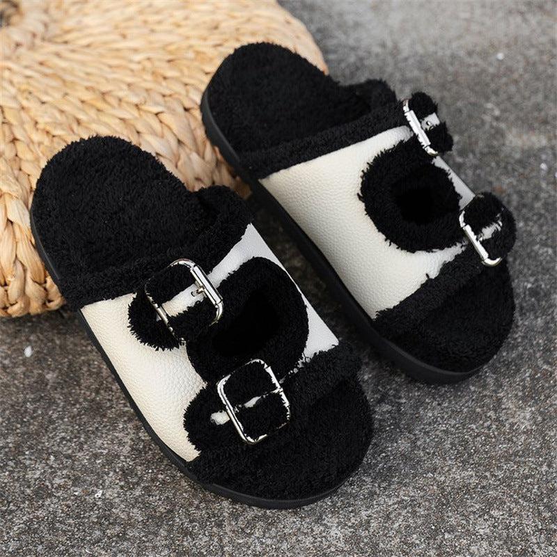 Autumn Winter Slipper Thick Sole Buckle Lamb Swool Slippers For Women Outdoor Gardern Indoor Lazy Plush Shoes Women dealsniper-net