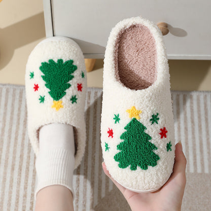 Christmas Home Slippers Cute Cartoon Santa Claus Cotton Slippers For Women And Men Couples Winter Warm Furry Shoes Women dealsniper-net Tree 36or37