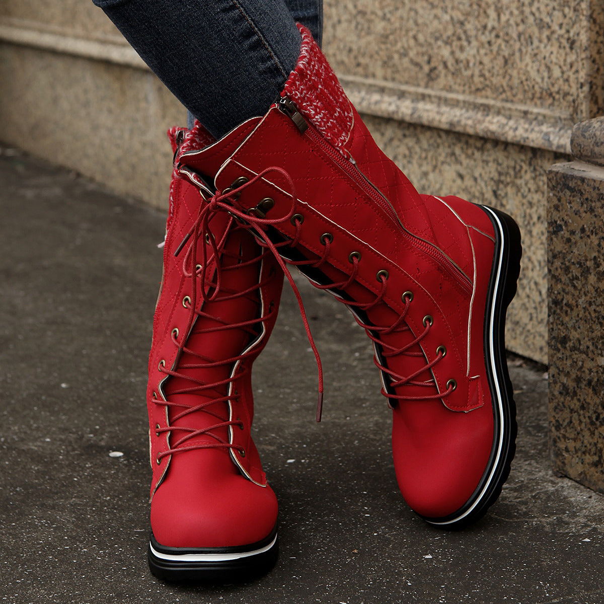 Mid Calf Lace-up Long Boots Women Flat Heels Round Toe Women dealsniper-net