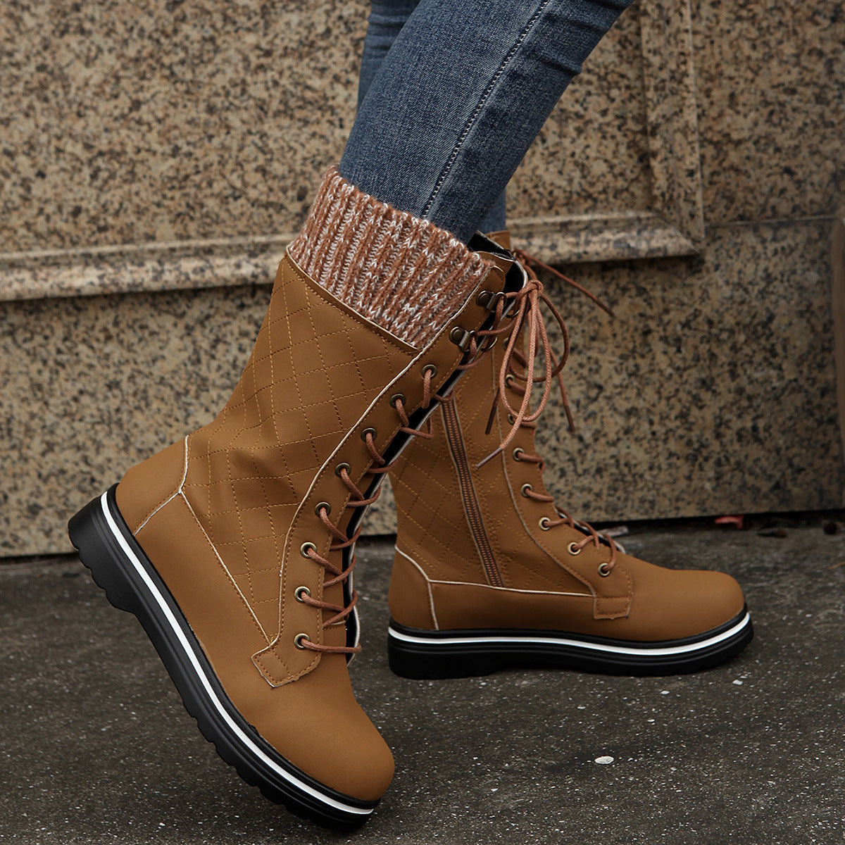 Mid Calf Lace-up Long Boots Women Flat Heels Round Toe Women dealsniper-net
