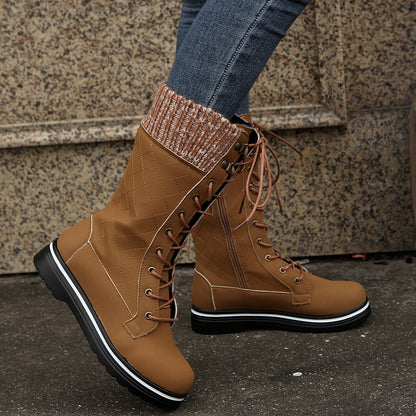 Mid Calf Lace-up Long Boots Women Flat Heels Round Toe Women dealsniper-net