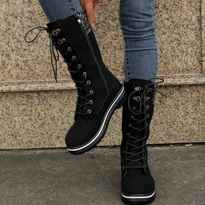 Mid Calf Lace-up Long Boots Women Flat Heels Round Toe Women dealsniper-net