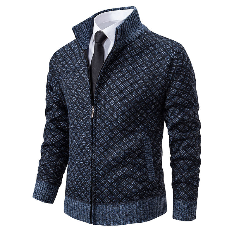 Thickened Plaid Print Jacket Cardigan Fashion Slim Fit Zipper Men Gym From House Blue And Gray S