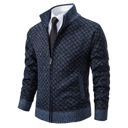 Thickened Plaid Print Jacket Cardigan Fashion Slim Fit Zipper Men Gym From House Blue And Gray S