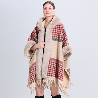 Loose Plaid Plus Cashmere Fur Collar Knitted Inverness Women Gym From House Small Red Plaid Average Size