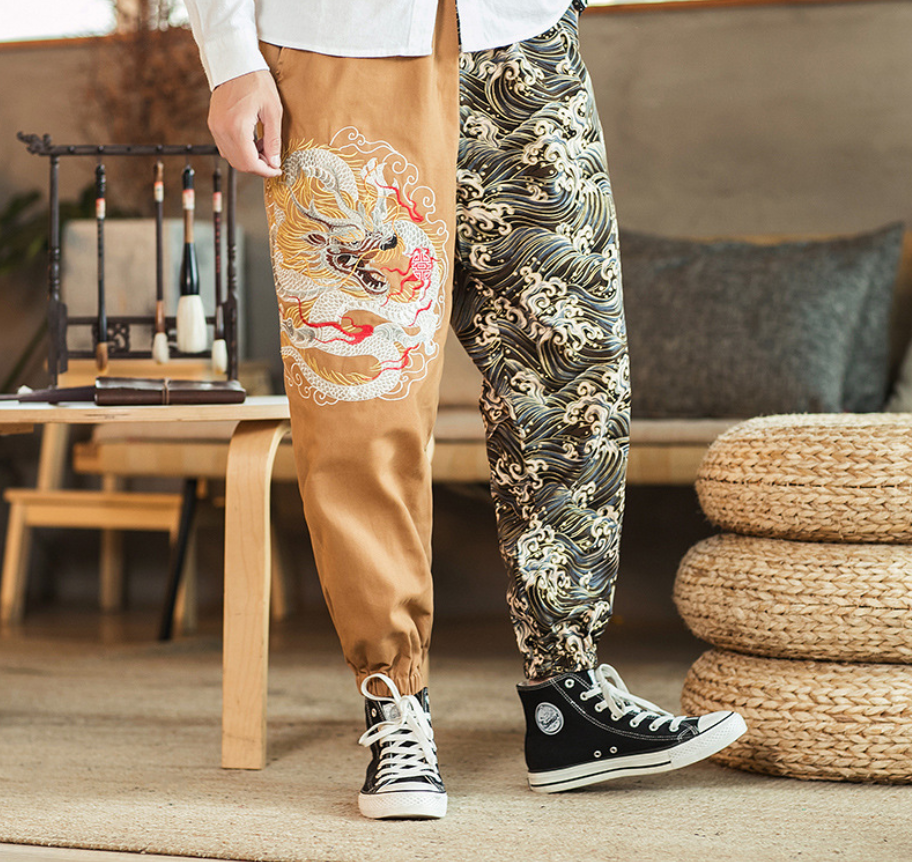 Embroidered silver dragon trousers