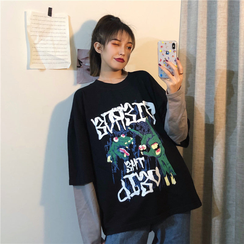 Spring sports fake two-piece hedging cartoon T-shirt women loose Women DealSniper.net