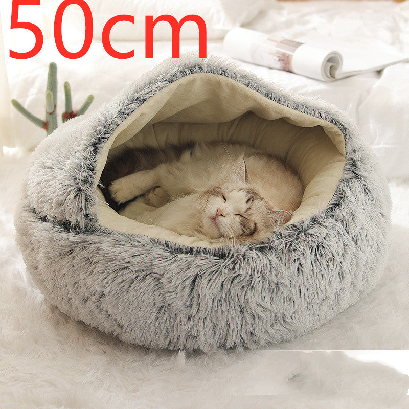 Pet Bed Round Plush Warm Bed House Soft Long Plush Bed 2 In 1 Bed Pets dealsniper-net Grey50cm